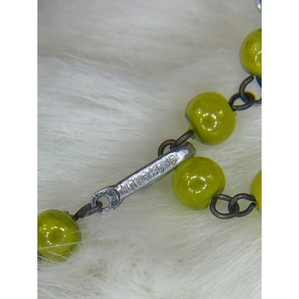 Vintage Hong Kong Lime Green Black Beaded 3‎ Strand Necklace Clip Earring Set